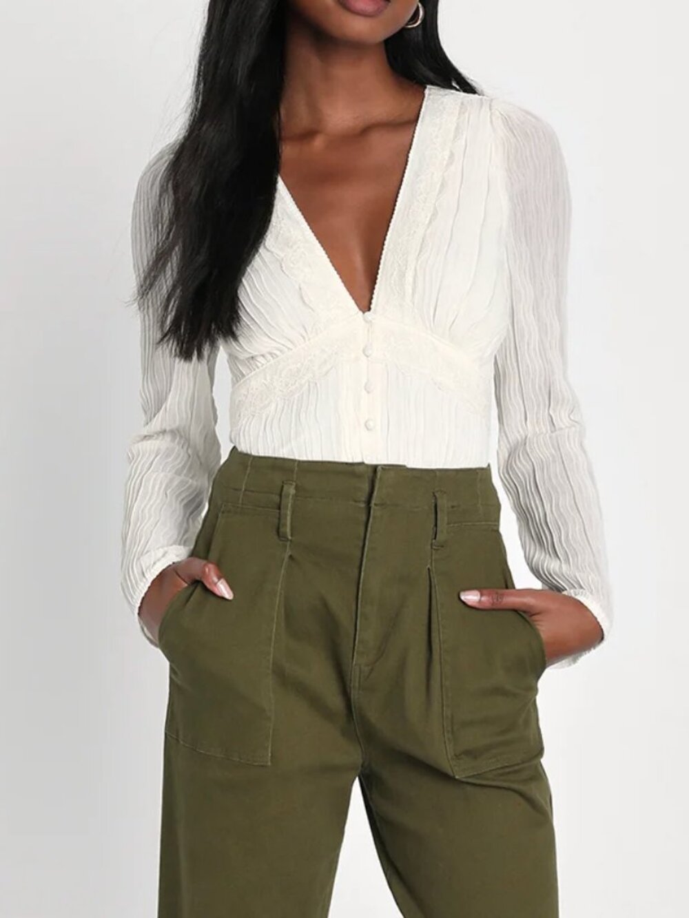 NWT Lulus Delightful Sentiments Ivory Plisse Lace Button Up Blouse Medium Cream